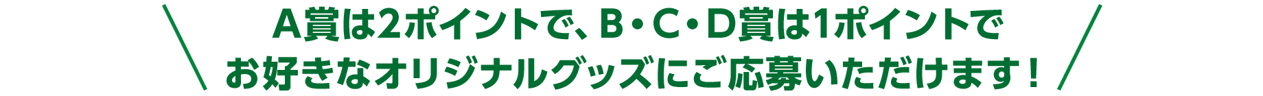 A賞は2ポイントで、B・C・D賞は1ポイントでお好きなオリジナルグッズにご応募いただけます！