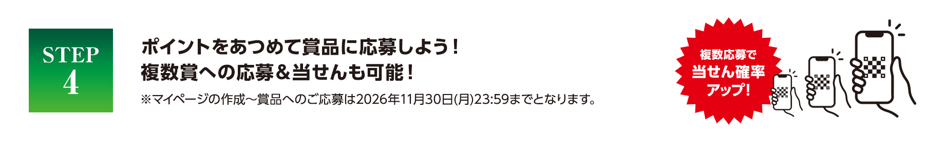 STEP4 ポイントをあつめて賞品に応募しよう！複数賞への応募＆当せんも可能！ ※マイページの作成～賞品へのご応募は2026年11月30日(月)23:59までとなります。 複数応募で当せん確率アップ！