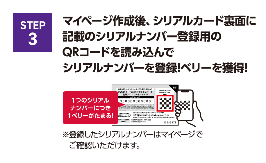 STEP3 マイページ作成後、シリアルカード裏面に記載のシリアルナンバー登録用のQRコードを読み込んでシリアルナンバーを登録！ベリーを獲得！1つのシリアルナンバーにつき1ベリーがたまる！※登録したシリアルナンバーはマイページでご確認いただけます。