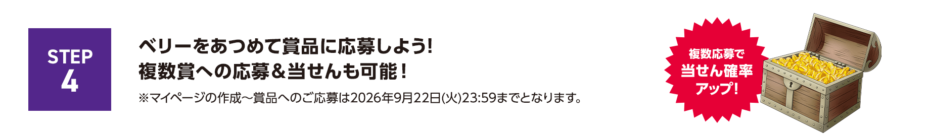 STEP4 ベリーをあつめて賞品に応募しよう！複数賞への応募＆当せんも可能！※マイページの作成～賞品へのご応募は2026年9月22日(火)23:59までとなります。複数応募で当せん確率アップ！
