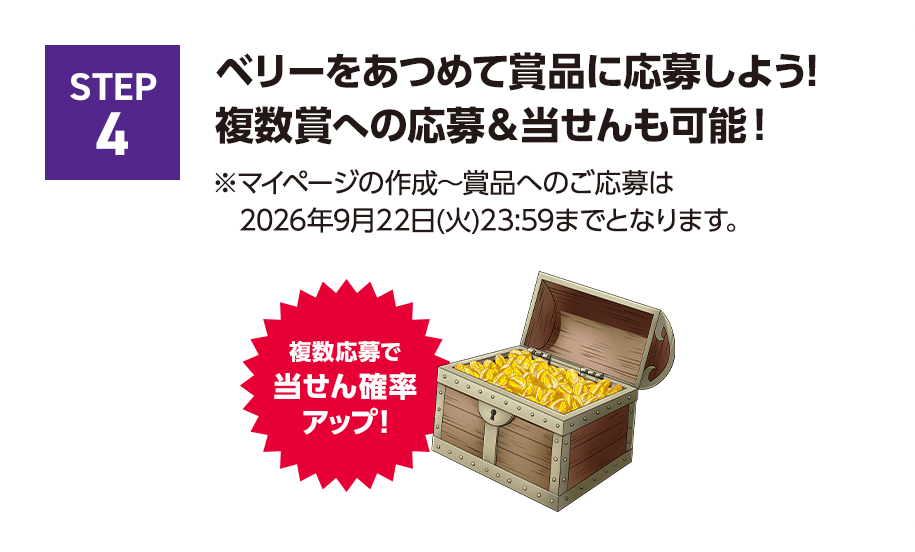 STEP4 ベリーをあつめて賞品に応募しよう！複数賞への応募＆当せんも可能！※マイページの作成～賞品へのご応募は2026年9月22日(火)23:59までとなります。複数応募で当せん確率アップ！