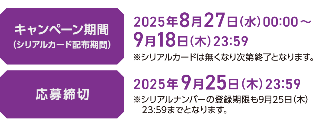 キャンペーン期間（シリアルカード配布期間）2025年8月27日（水）00:00〜9月18日（木）23:59 ※シリアルカードは無くなり次第終了となります。応募締切 2025年9月25日（木）23:59 ※シリアルナンバーの登録期限も9月25日（木）23:59までとなります。