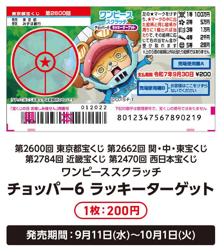 第2600回 東京都宝くじ 第2662回 関・中・東宝くじ	第2784回 近畿宝くじ 第2470回 西日本宝くじ ワンピーススクラッチ チョッパー6 ラッキーターゲット 1枚:200円 発売期間：9月11日(水)～10月1日(火)