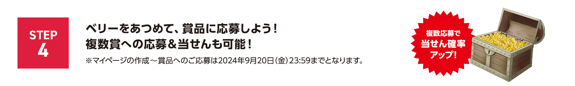 STEP4 ベリーをあつめて、賞品に応募しよう！複数賞への応募＆当せんも可能！※マイページの作成～賞品へのご応募は2024年9月20日（金）23:59までとなります。複数応募で当せん確率アップ！