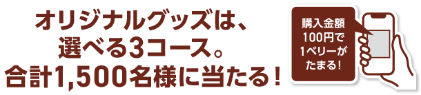 オリジナルグッズは、選べる3コース。合計1,500名様に当たる！購入金額100円で1ベリーがたまる！