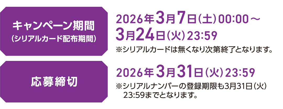 キャンペーン期間（シリアルカード配布期間）2026年3月7日（土）00:00〜3月24日（火）23:59 ※シリアルカードは無くなり次第終了となります。応募締切 2026年3月31日（火）23:59 ※シリアルナンバーの登録期限も3月31日（火）23:59までとなります。