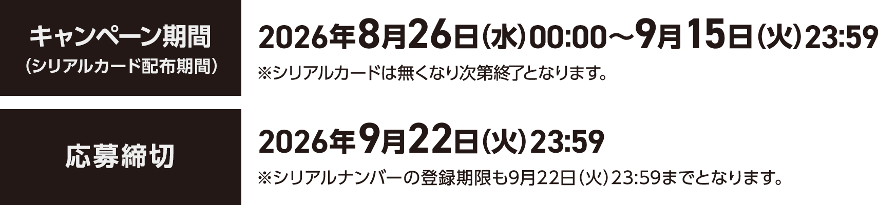 キャンペーン期間（シリアルカード配布期間）2026年8月26日(水)00:00〜9月15日(火)23:59 ※シリアルカードは無くなり次第終了となります。応募締切 2026年9月22日(火)23:59 ※シリアルナンバーの登録期限も2026年9月22日(火)23:59までとなります。
