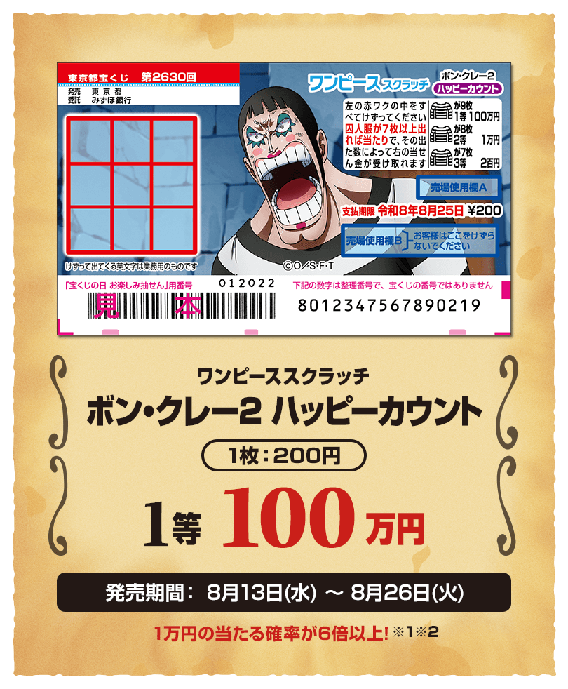 ワンピーススクラッチ ボン・クレー2 ハッピーカウント 1枚：200円 1等 100万円 発売期間：8月13日(水)～8月26日(火) 1万円の当たる確率が6倍以上！※1※2