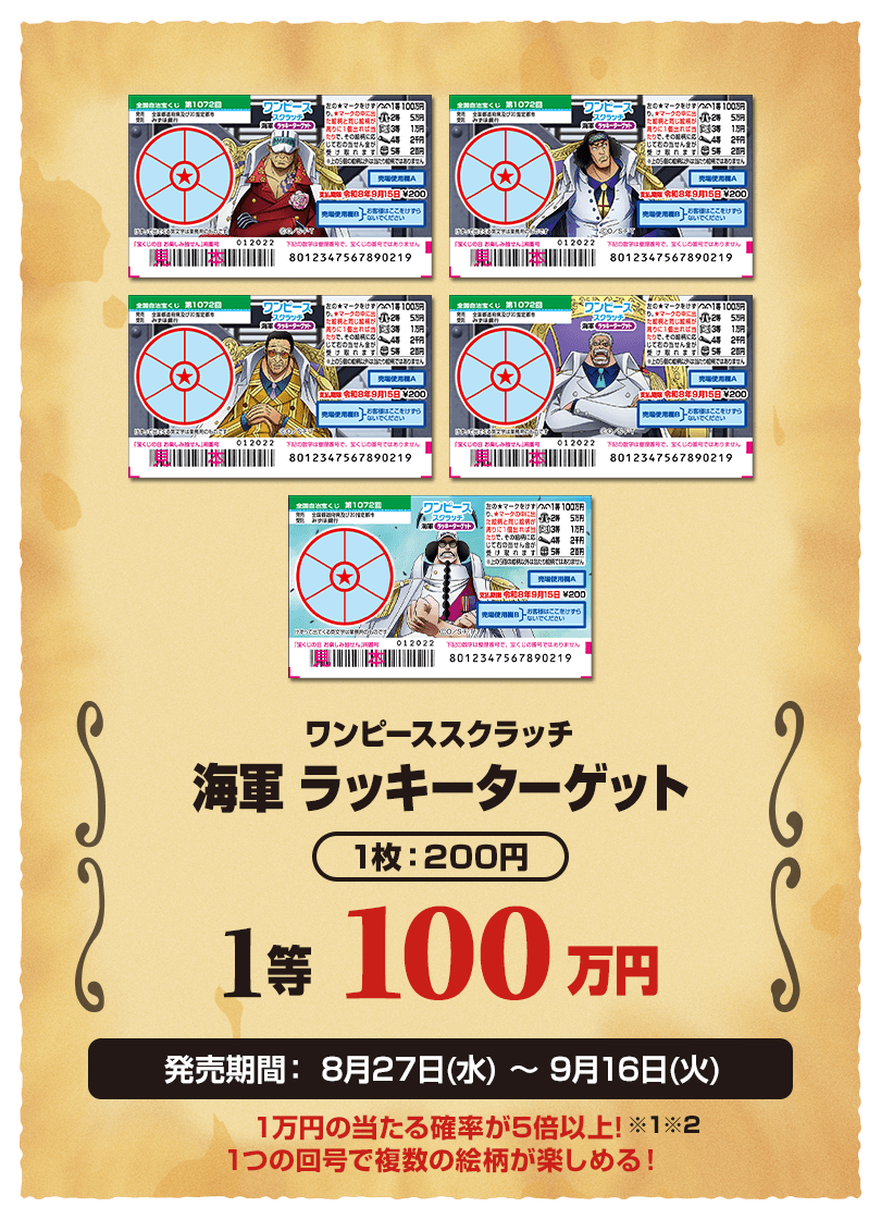 ワンピーススクラッチ 海軍 ラッキーターゲット 1枚：200円 1等 100万円 発売期間：8月27日(水)～9月16日(火) 1万円の当たる確率が5倍以上！※1※2 1つの回号で複数の絵柄が楽しめる！