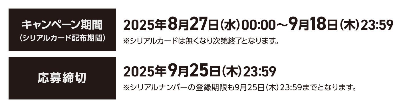 キャンペーン期間（シリアルカード配布期間）2025年8月27日(水)00:00～9月18日(木)23:59 ※シリアルカードは無くなり次第終了となります。応募締切 2025年9月25日(木)23:59 ※シリアルナンバーの登録期限も9月25日(木)23:59までとなります。